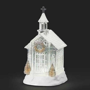 Roman Led Swirl White Church With Tree and Wreath-135058